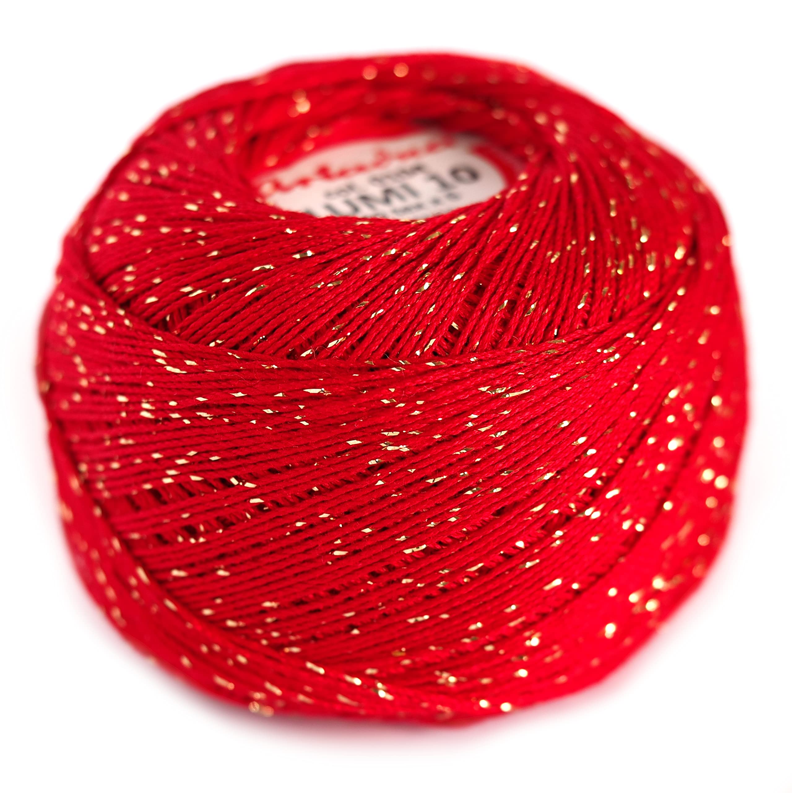 Crochet Cotton with Metallic Thread Size 10 Ball Yarn Spool Thread 50g LUMI (Red/Gold 104)