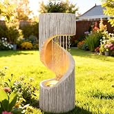 40" H Outdoor Water Fountain with LED Light, S-Shaped Modern Curved Outdoor Fountain, Spiral Column Fountain, Decorative Waterfall Feature with Flat Top Plant Display for Garden, Patio Decor