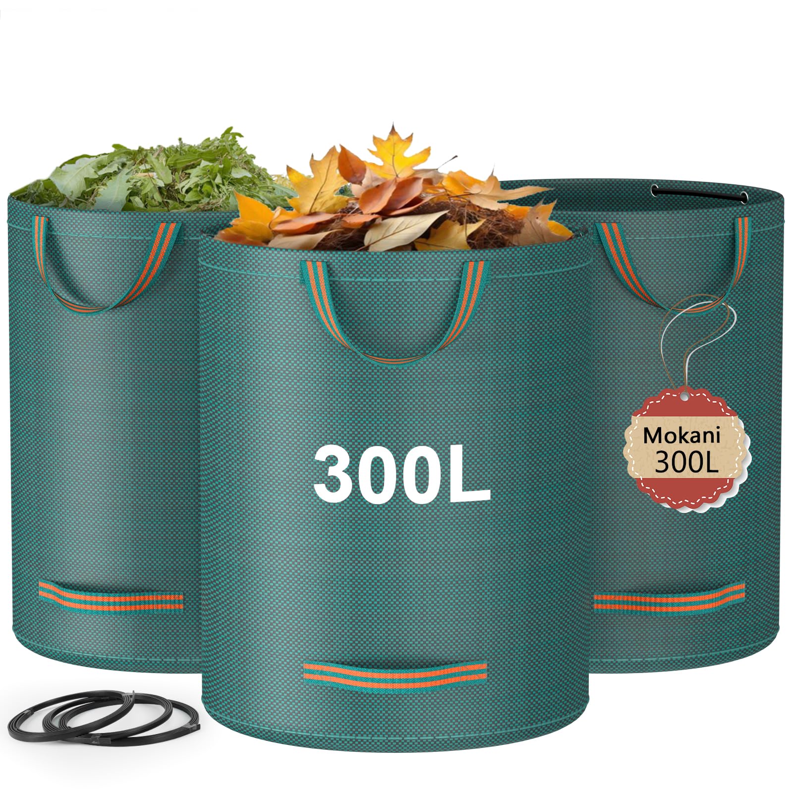 Mokani Garden Waste Bags Heavy Duty with Handles, 300L x 3 Reusable Garden Sacks, Foldable Camping Recycling Bags for Leaf, Trash, Debris, Garden Rubbish Bags Waterproof