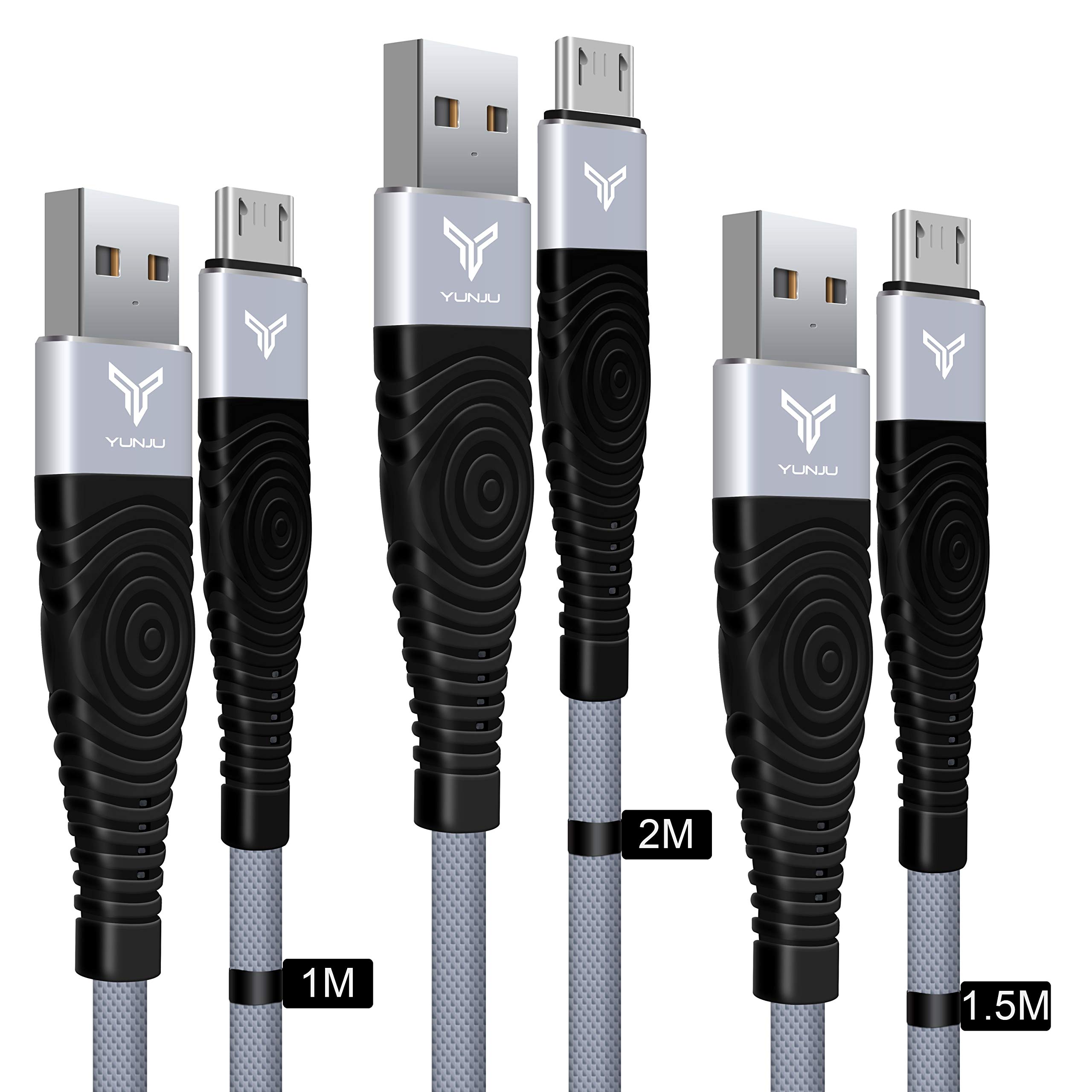 YUNJU Micro USB Cables, [3-Pack 1M, 1.5M, 2M] Extra Long Android Phone Tablet Charger Fast Charging Sync Leads Nylon Braided Wire for Samsung S7 A10 A7 A6, Kindle, Fire, PS4, Xbox & More