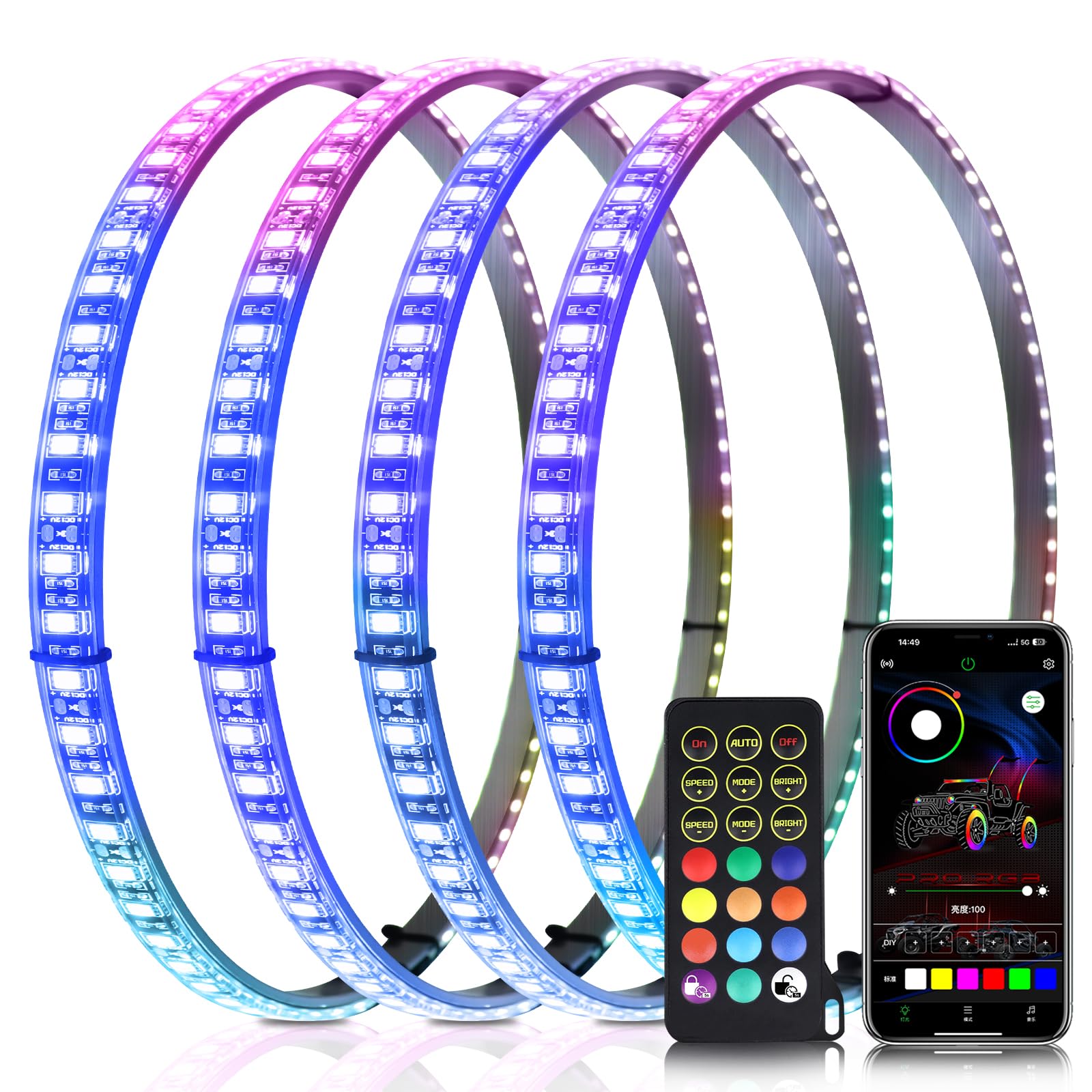 Photo 1 of *** 4PCS 14" RGB LED Wheel Ring Lights with APP & Remote Control, 178+DIY Dynamic Modes w/Turn Signal Braking and Reverse Function, IP67 Waterproof Wheel Lights for Trucks Pickups Cars Offroad