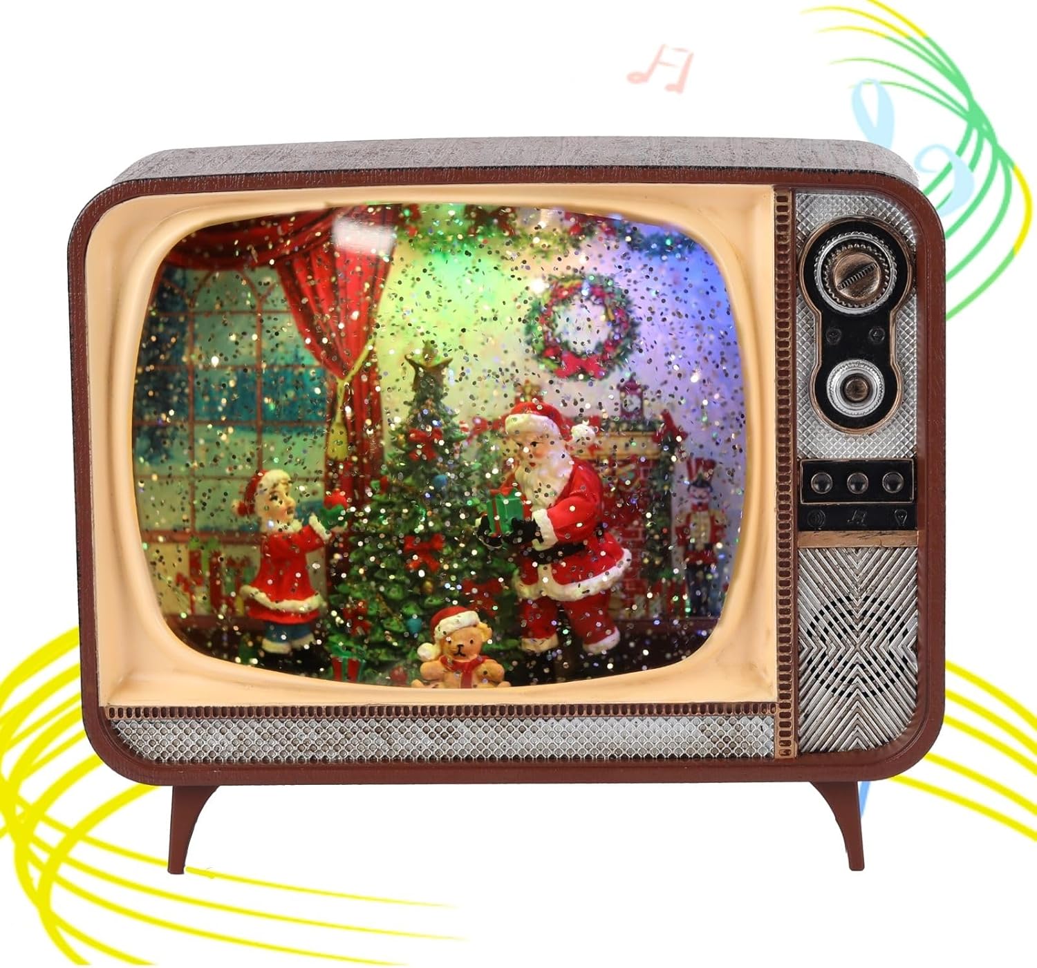 Snow Globes - Joyriver Christmas Snow Globe Lantern Retro TV Santa Christmas Tree with LED Light Glittering Timer and Music, USB and Battery Operated Home Decoration Gift for Family Brown