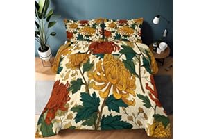 Comforter Set for Kids Teens Adults Painting Japanese Floral Reversible Bedding Sets, Mustard Yellow Down Comforter Quilt Set