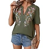 Mexican Shirts for Women Embroidered Tops Traditional Summer Blouse Floral Tunic V Neck Short Sleeve T Shirt