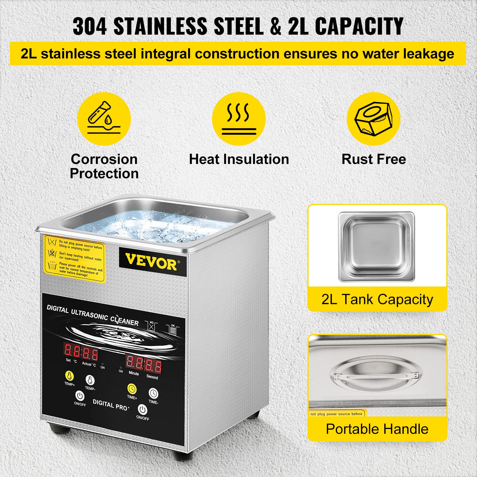 VEVOR 2 L Verbesserter Ultraschallreiniger (100 W Heizung, 60 W Ultraschall) Professioneller digitaler Labor-Ultraschall-Teilereiniger mit Heizungstimer für die Reinigung von Schmuck, Brillenteilen 5