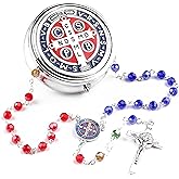HanlinCC Rainbow Color Crystal Beads Shiny Silver Plated St.Benedict Catholic Rosary with Enamel Steel Gift Box for Women
