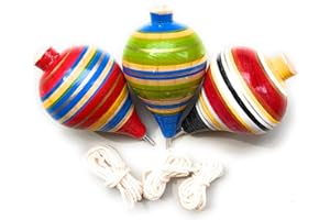GrahMart 3 Pack Durable Wooden Mexican Spin Top Toys & Metal Tip Made in Mexico (Assorted Colors) - Trompo Mexicano de Madera Paquete de 3 (Colores aleatorios) (Medium)