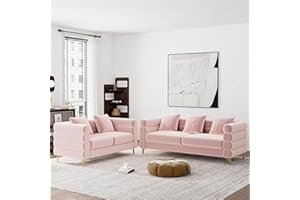 Wrofly Living Room Sofa and Loveseat Set, Modern Comfy Overstuffed Velvet Deep Seat Cloud Couch with 5 Pillows, Oversized Chesterfield Furniture Sets for Living Room Bedroom, Pink Velvet