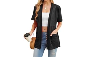 PrinStory Summer Lightweight Cardigan for Women Open Front Short Sleeves Split Sheer Cover Up with Pockets S-4XL