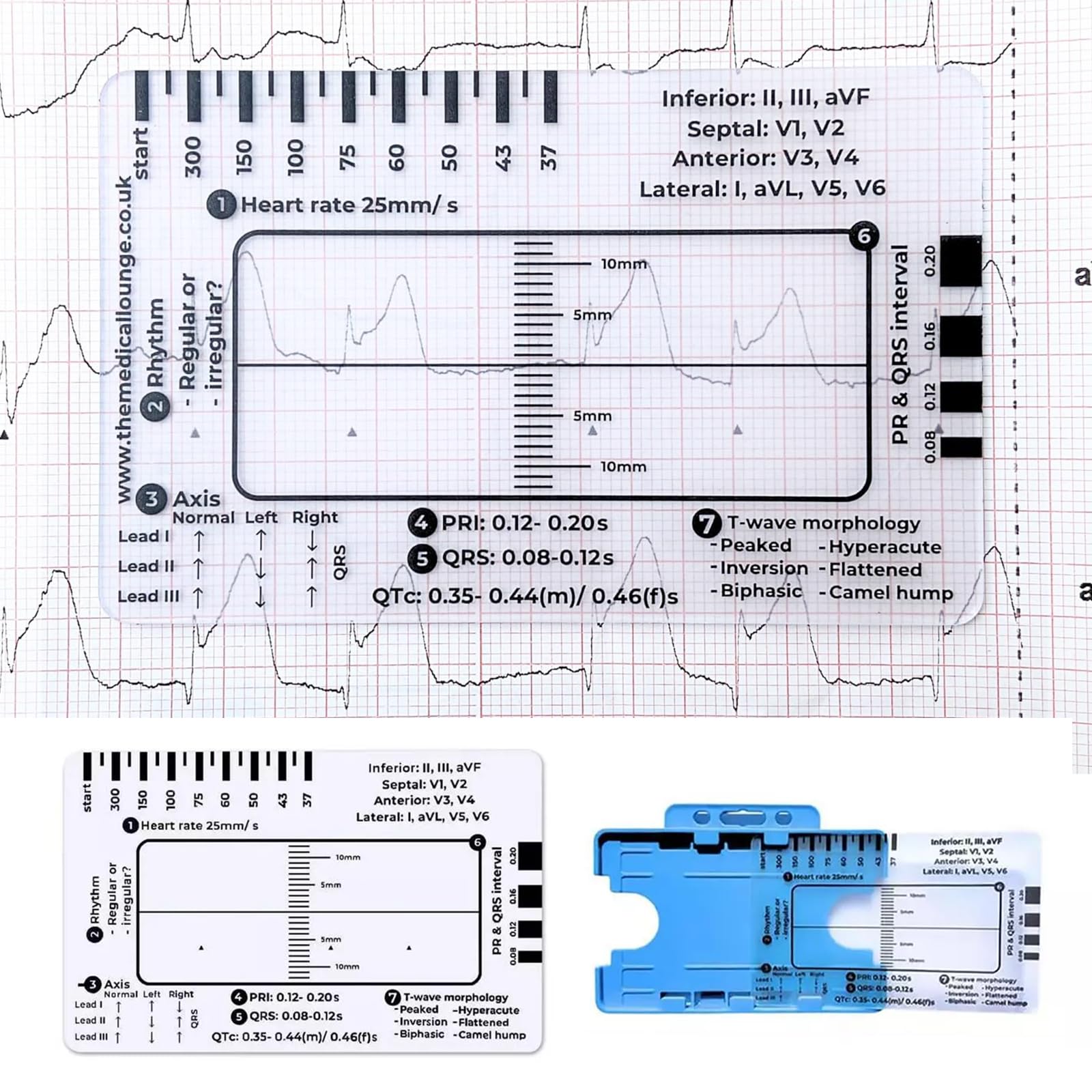 ECG 7 Step Ruler, ECG Plastic Ruler, Transparent EKG Pocket Card Measuring Tool, Pocket sized 8.6cm x 5.4cm, for Students, Paramedics, EMT's, Nurses & Doctors