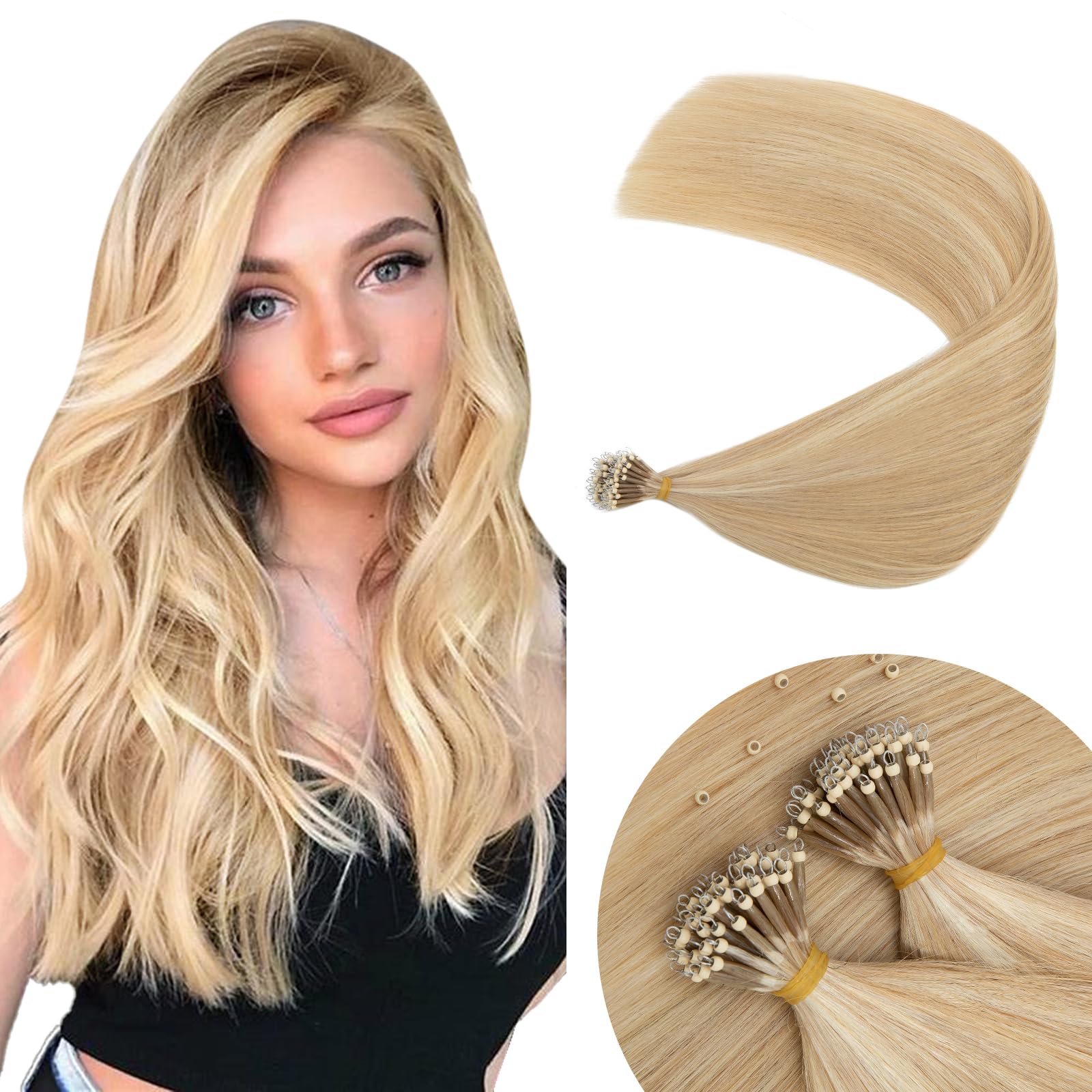 Elailite Nano Ring Hair Extension Real Human Hair 50 Strands 50g Cold Fusion With Nano Beads Remy Hair Long Straight (#18/613 Ash Blonde Mix Bleach Blonde, 24 Inch)