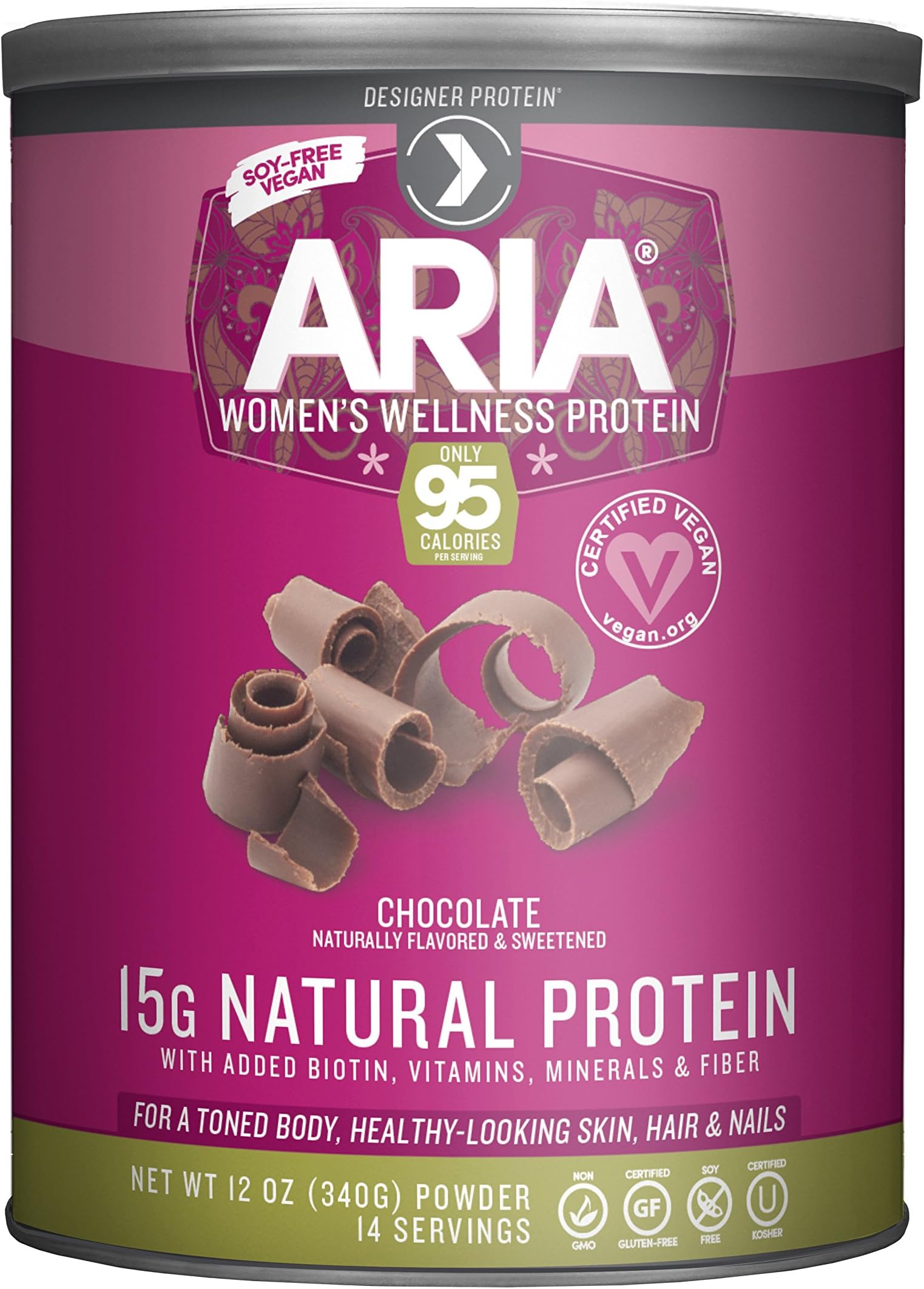 Designer Protein Aria, Women’s Wellness Plant-Based Protein , Chocolate, 12 Ounce, Made in the USA