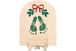 MAMUXI 2025 DIY Christmas Footprint Sign Board, Baby's First Christmas Mistletoes Sign, Wooden Kids Craft, Custom Children's Keepsake, Personalized Baby Christmas Decor (Black Mistletoe Footprint)
