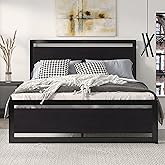 SHA CERLIN Queen Size Bed Frame with Modern Headboard, Heavy Duty Platform Metal Base with Square Footboard and 13 Strong Slats Support, No Box Spring Needed, Black