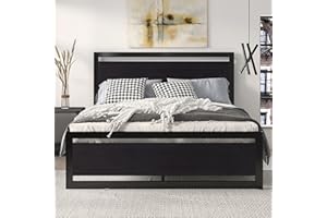 SHA CERLIN Queen Size Bed Frame with Modern Headboard, Heavy Duty Platform Metal Base with Square Footboard and 13 Strong Slats Support, No Box Spring Needed, Black