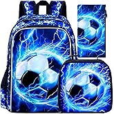 UFNDC 3PCS Boys Soccer Backpack, Kids Lightning Bookbag with Lunch Box, 17" Water Resistant School Bag for Teenagers Elementary Middle