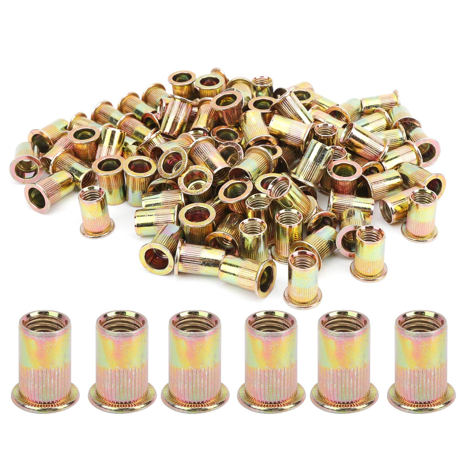 100pcs Rivet Nut, Insert Nut, Flat Head Nut, Vertical Riveting Nut, Carbon Steel Threaded Rivet Nut, M8/M10 Color Zinc Plating Nut, for Light Industrial Products(M10)