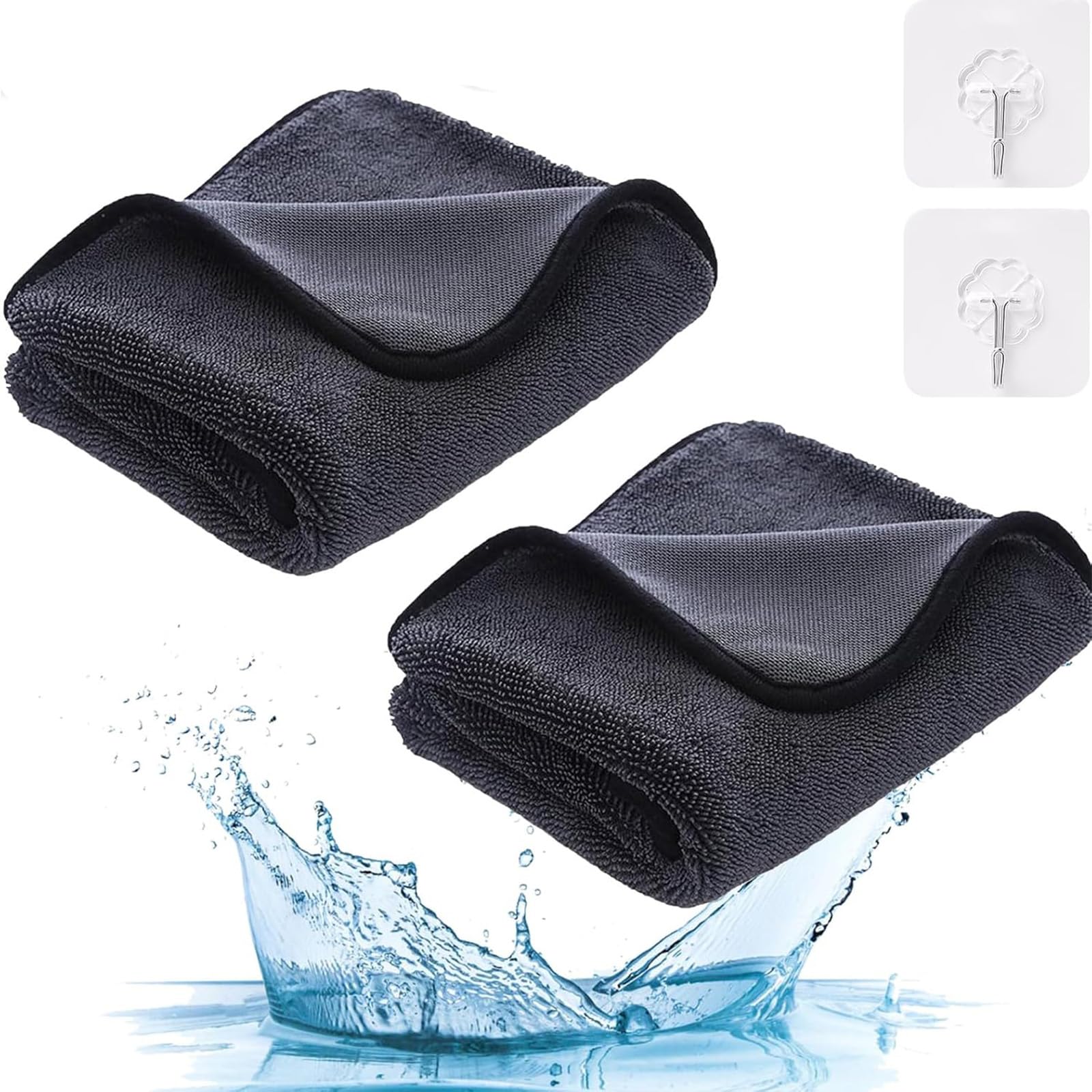 2Pcs Bathroom Drying Cloth, Thicken Cloth, Shiny Cleaning Cloths, Super Absorbent with 2 Hooks, for Car Window Shower Bathroom Kitchen(40×40cm)