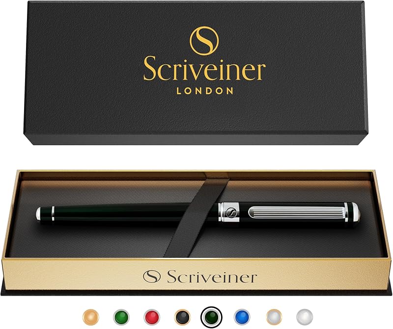 Scriveiner Black Green Rollerball Pen with Schmidt Refill and Chrome Trim