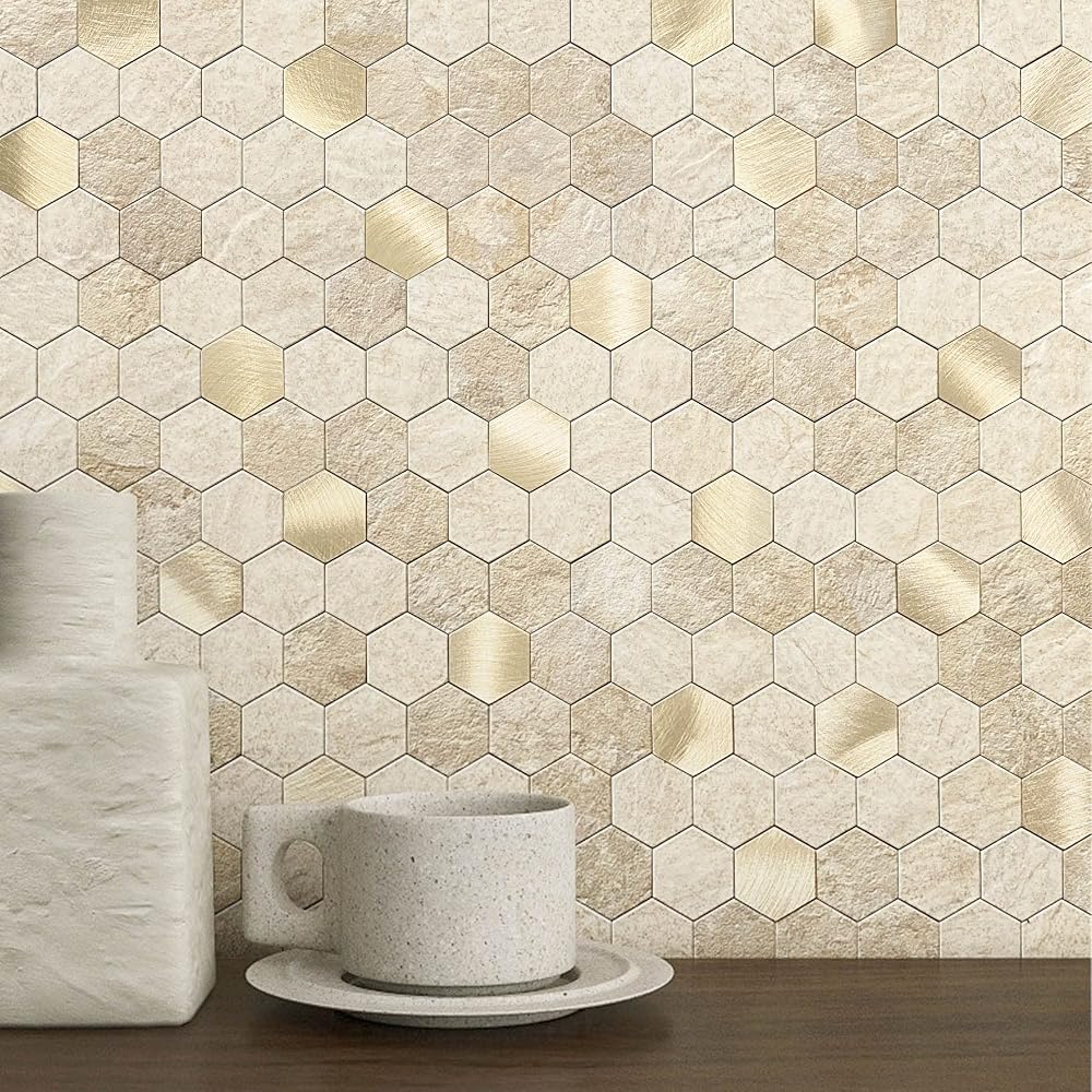 M MOFIT Hexagon 3D Marble Metal Peel Stick Wall Tile Splashback Beige 5 Sheets