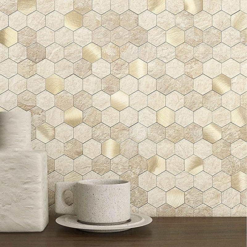 M MOFIT Hexagon 3D Marble Metal Peel Stick Wall Tile Splashback Beige 5 Sheets