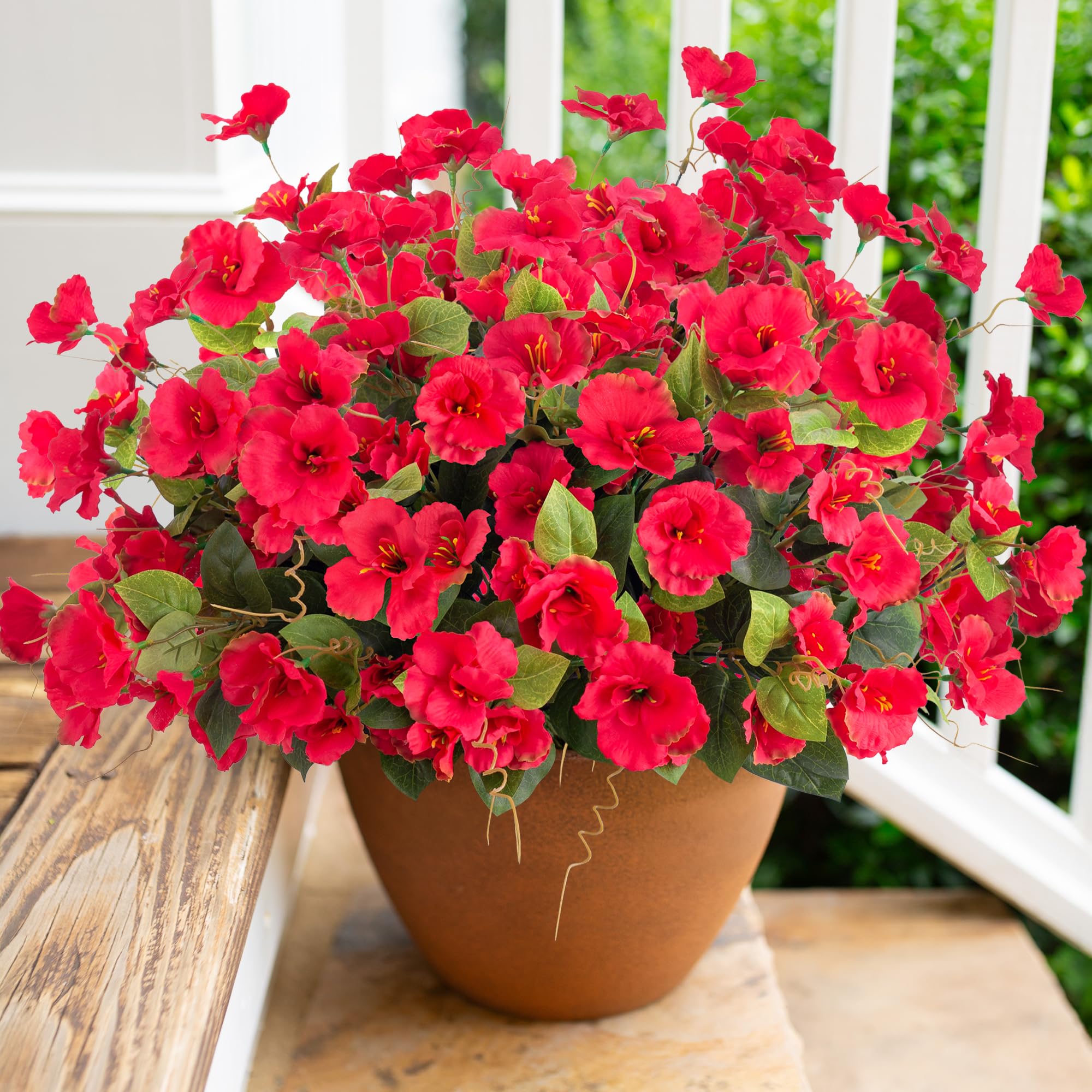 Photo 1 of Fake Hibiscus Artificial Flowers for Outdoors Spring Summer Decoration, 6 Bundles Silk Red Hibiscus Flowers Bouquet UV Resistant Look Real Faux Plants for Outside Planter Front Door Porch Balcony Yard