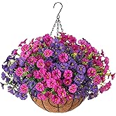 Artificial Faux Hanging Flowers Plants Basket for Spring Summer Outdoors Decoration, Silk Morning Glory with Eucalyptus Look Real UV Resistant Fake Flowers for Outside Porch Patio Balcony Home, Mix