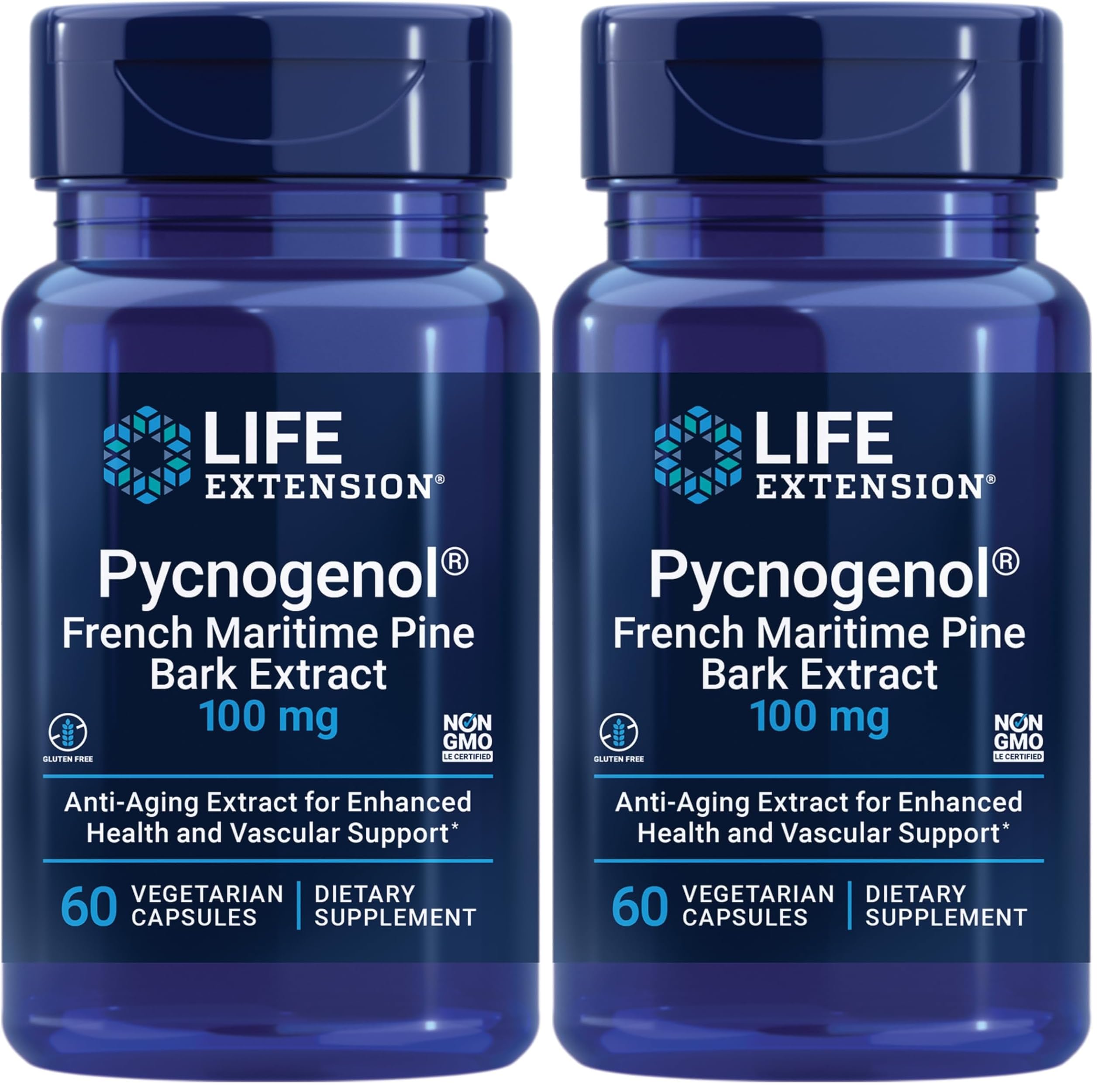 Life Extension Pycnogenol – French Maritime Pine Bark Extract – Scientifically Studied Healthy Aging & Vascular Health Supplement-– Non-GMO,Gluten-Free,Vegetarian-– 60 Capsules,(Pack of 2) Image