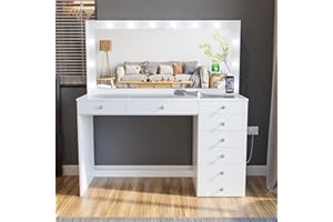 Boahaus Ketevan Makeup Vanity with Lights Bulbs Built-in, USB Outlet, 8 Drawers, Glam Glass Top Vanity, Hollywood Vanity Mirror with Lights, Crystal Knobs, White Vanity Makeup Desk for Bedroom