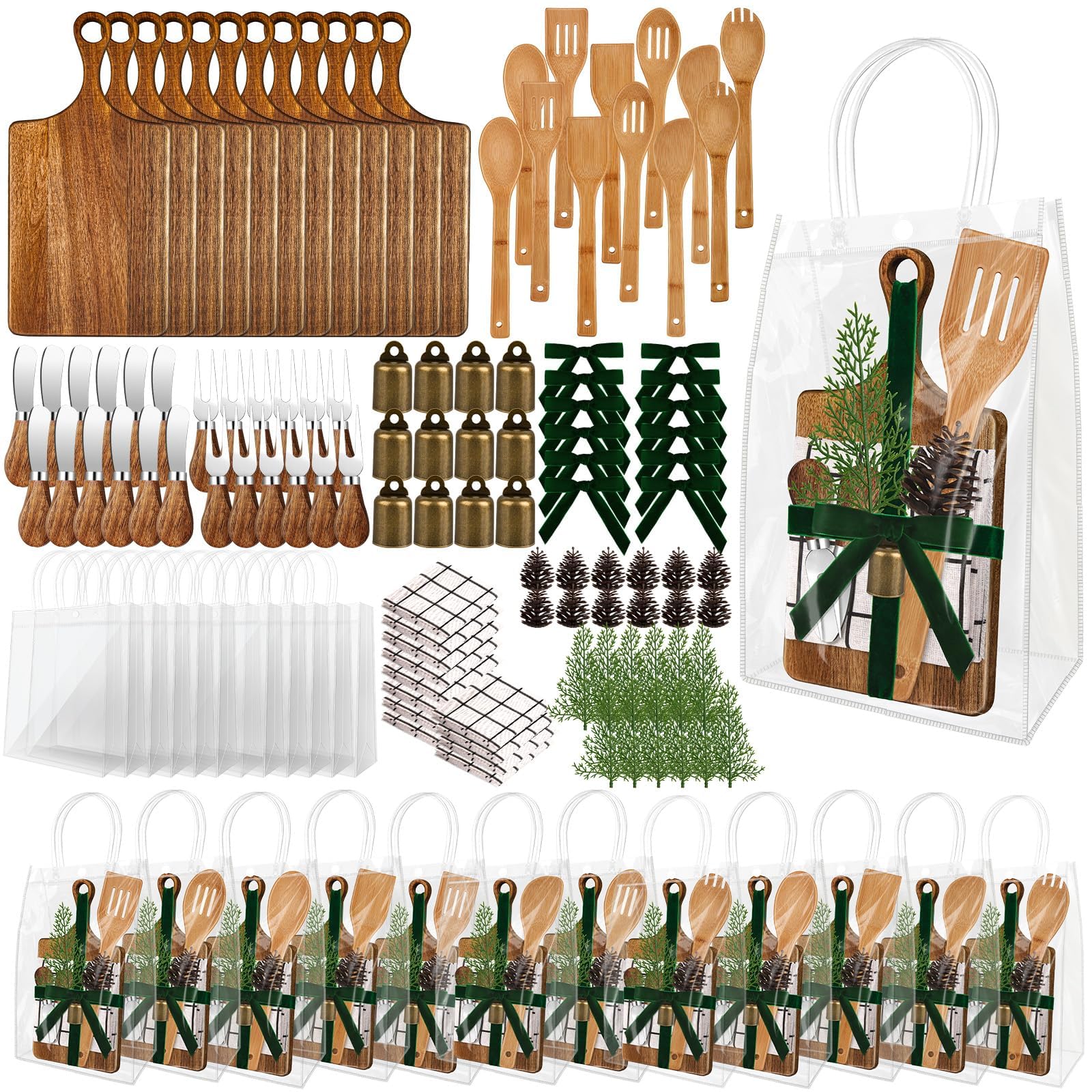 Photo 1 of 12 Set Christmas Gift Kitchen Utensils Set Acacia Spatula Mini Cheese Board Pine Cones for Christmas Kitchen Holiday Gift Party Decor Neighbor Employee Baking Gift Xmas Cooking Supplies