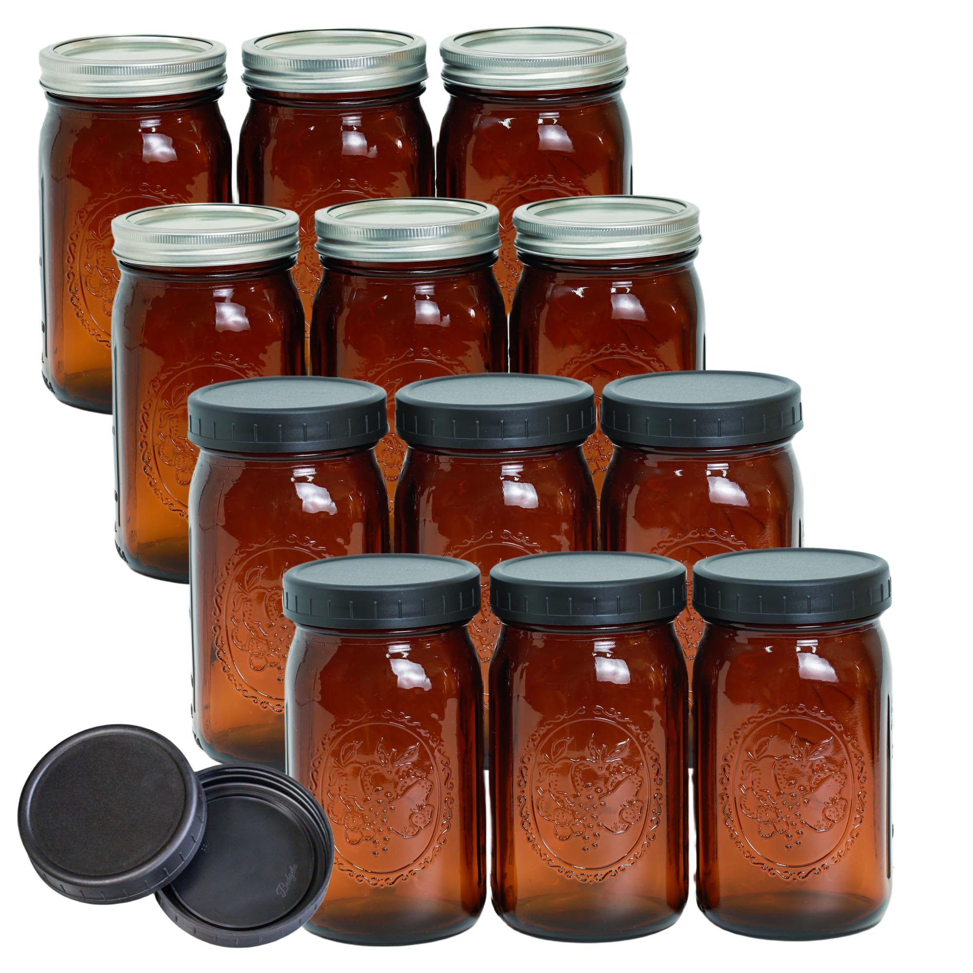 Photo 1 of Jumterlee 12 Pack 32 oz Amber Mason Jars, Wide Mouth Mason Jars with Lids and Bands and 12 Black Plastic Mason Jar Lids, Canning Jars Used for Canning, Pickling, Juice, Jam, Jelly