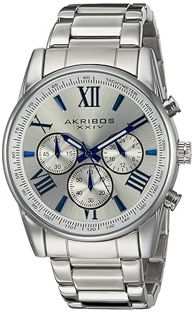 Akribos XXIV Mens AK865SS Round Silver Dial Chronograph Quartz Bracelet Watch