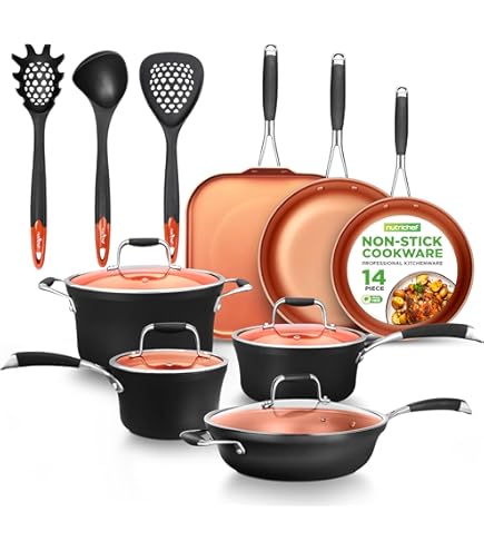 Healthy s Nutri-Pan セット 14-Piece Nonstick Cookware Set, Even Heat, Golden — NutriChef Kitchen