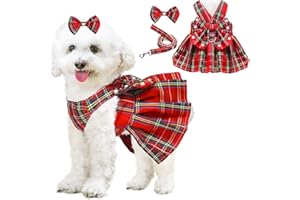 HHIMYOCT Dog Dress Bowknot Harness Leash Set for Small Dogs Girl Cute Plaid Dog Dress Pearls Bow Tie Spring Summer Princess Clothes Birthday Holiday Doggie Outfits for Puppy Cats Girl Apparel (Red, Medium)