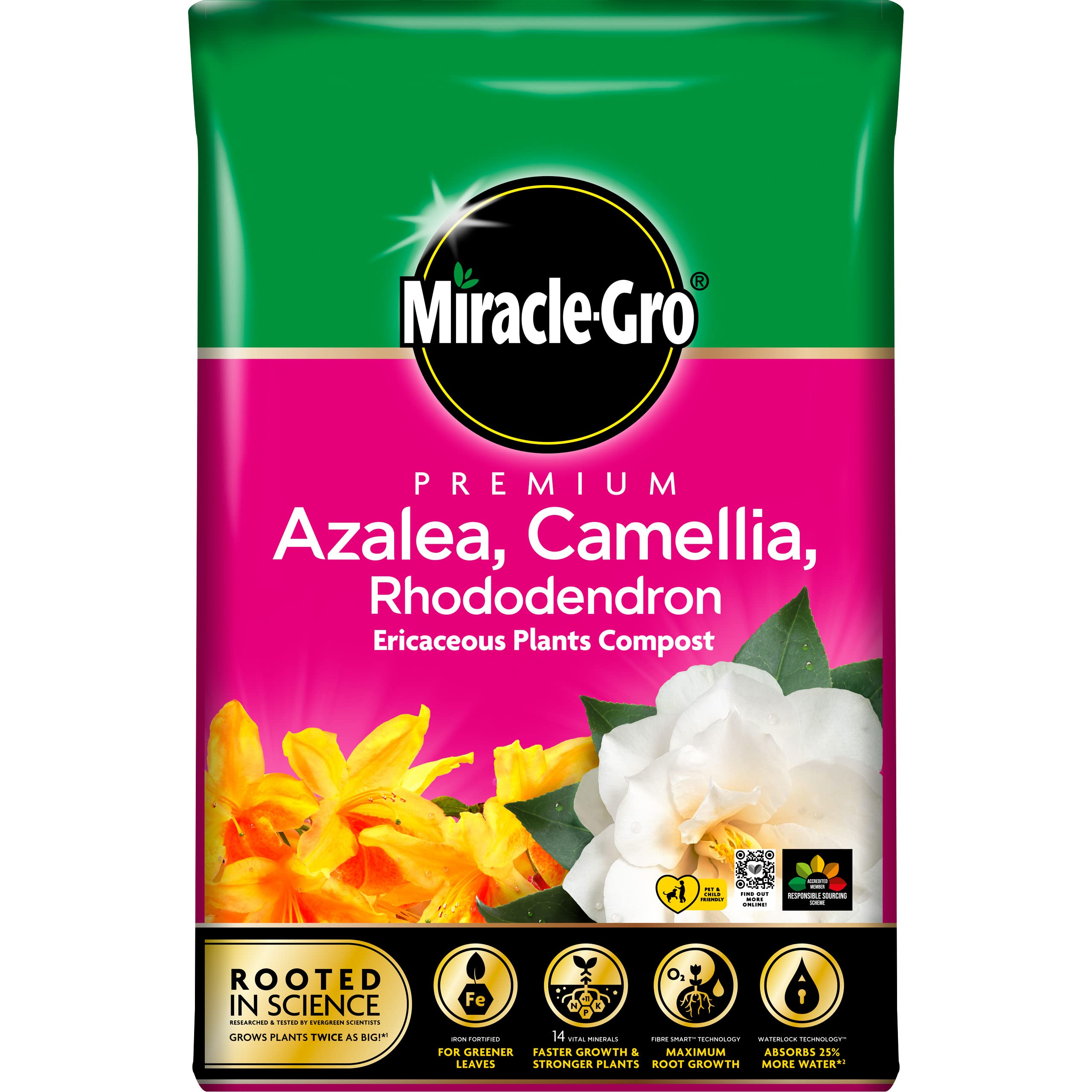 Miracle-Gro Premium Eracacious Compost - Azelea, Camelia, Rhododendron, 40 Litre