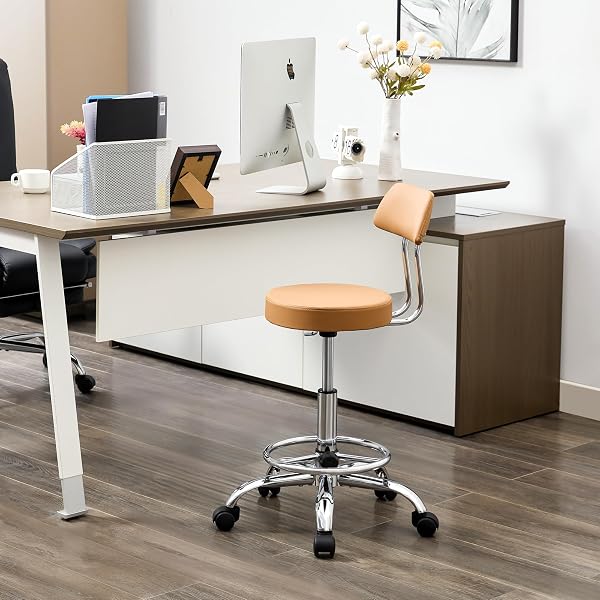 FIRAVOE ERGONOMIC DESK STOOL(STURDY ROLLING STOOL WITH BACK)(SWIVEL ARMLESS OFFICE CHAIR 19.5″-26.6″) ADJUSTABLE FOOTREST SALON CHAIR (CAMEL BROWN)