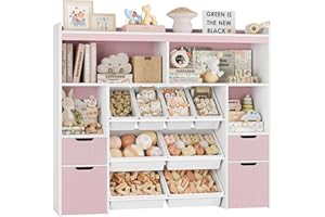 HORSTORS 55" W Toy Storage Organizer with Drawers, Large Kids Toy Storage Box with Removable Bins, Tall Kids Bookshelf and Bookcase for Boys and Girls, Modern Toy Chest for Playroom, Classroom, Pink