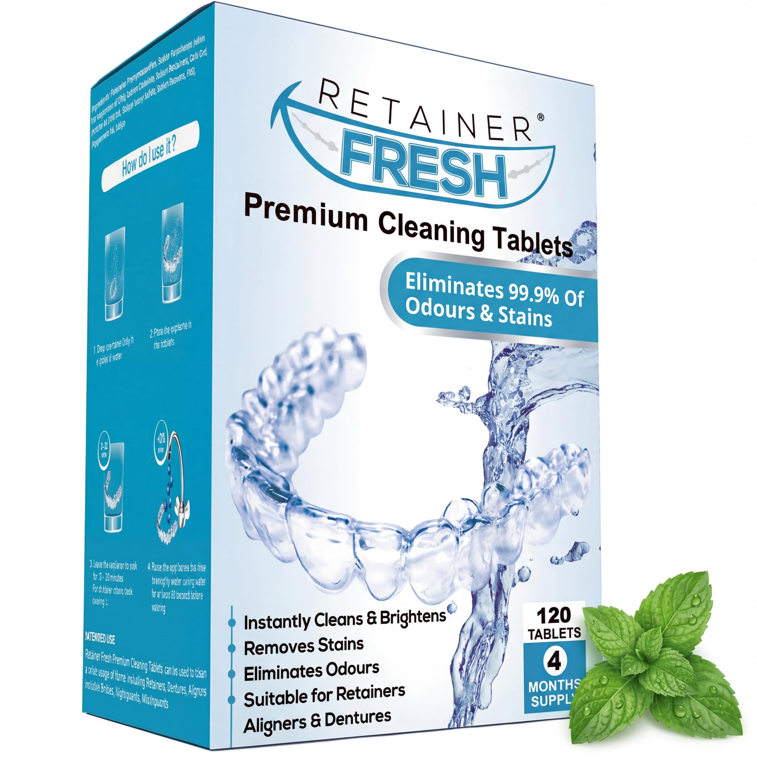 Retainer Fresh Retainer Cleaner Tablets - Retainer Cleaning, Mouthguard Cleaner, Denture Cleaning, Aligner Cleaner, Brite Retainer Tablets - 120 Tablets 4 Month