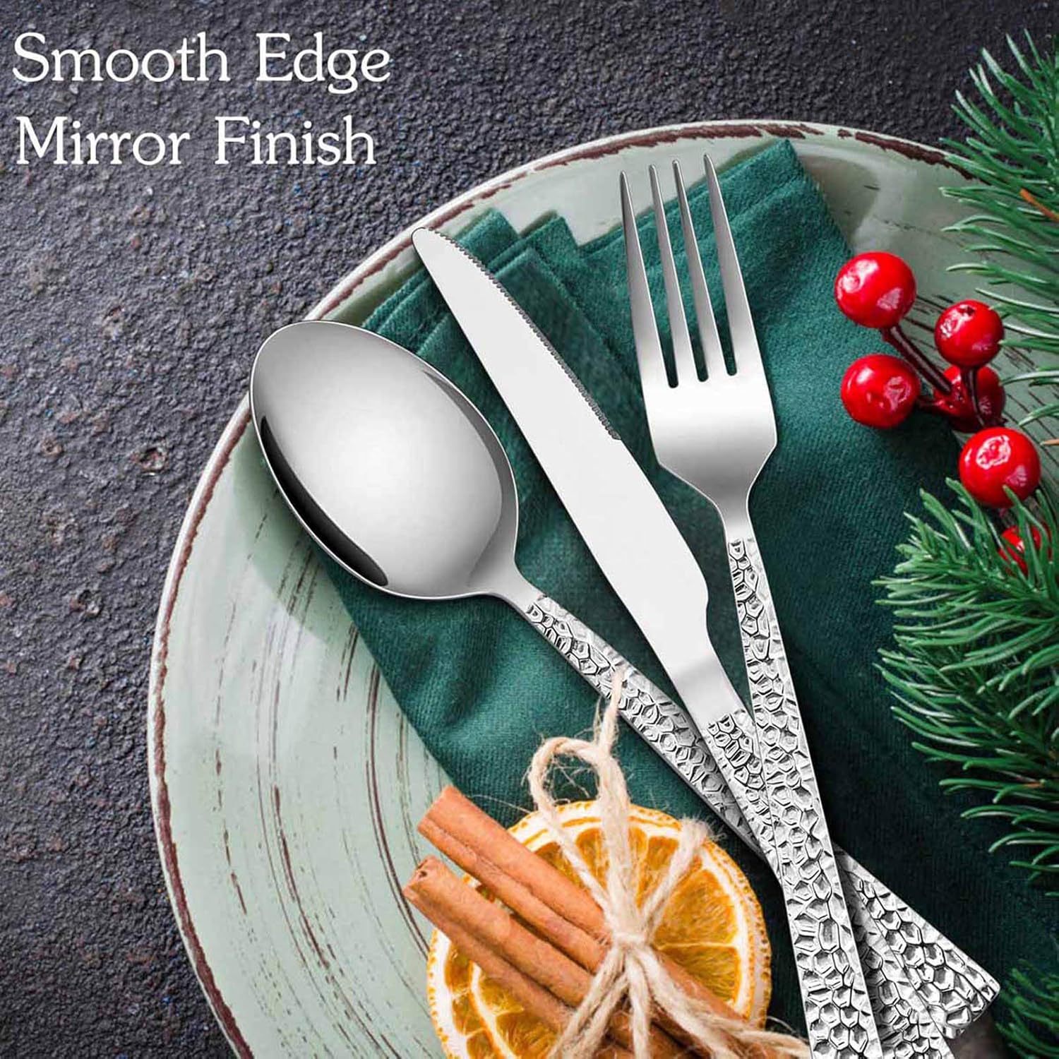  | Hammered Silverware Set, E-far 40-Piece Stainless Steel Square Flatware Set for 8, Metal Tableware Cutlery Set Includes Dinner Knives/Forks/Spoons, Modern Design & Mirror Polished - Dishwasher Safe: Flatware Sets