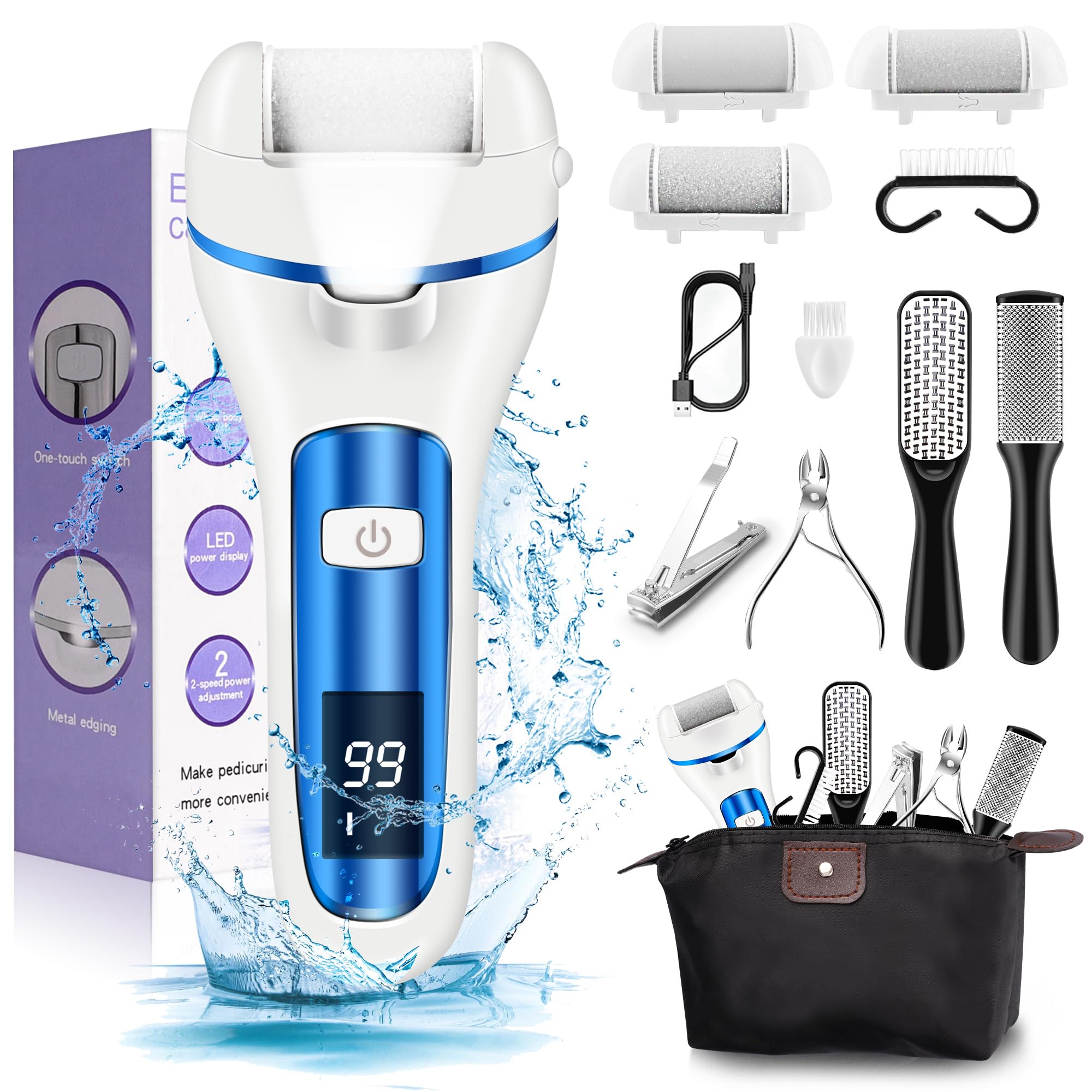 Hard Skin Remover Foot File Electric, Ratukall Rechargeable Dry Skin Remover for Feet, Professional Pedicure Tools Foot Scrubber Care Kit with Storage Bag for Dead Skin Cracked Corn Heels Calluses