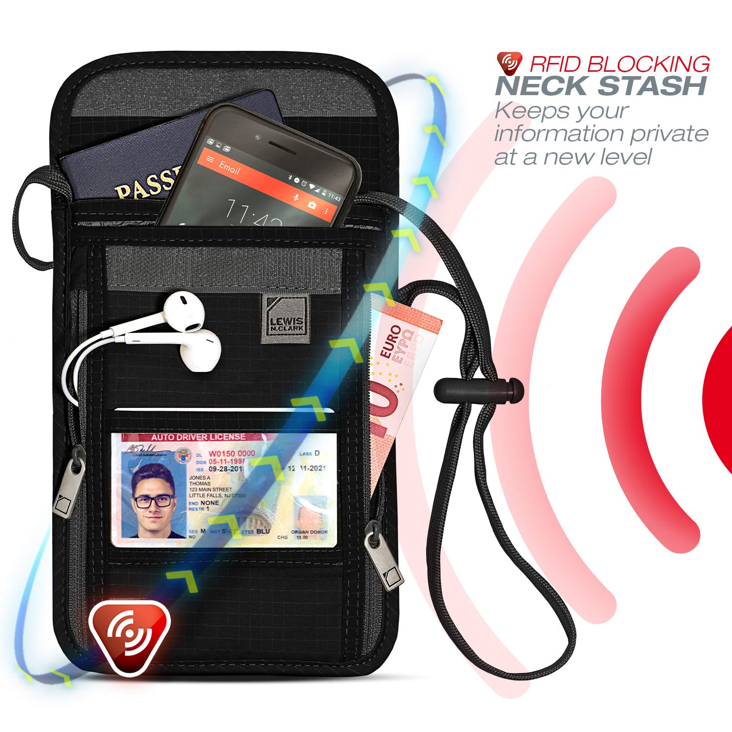 Lewis N. Clark RFID Blocking Stash Neck Wallet, Travel Pouch + Passport Holder for Women & Men, Black, One Size