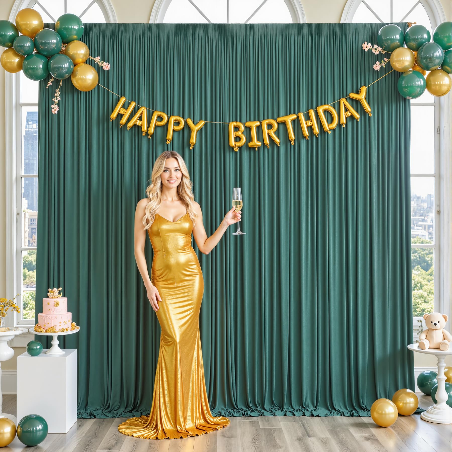 Photo 1 of 10ft x 10ft Hunter Green Backdrop Curtain for Parties Dark Green Wrinkle Free Backdrop Drapes Panels for Baby Shower Birthday Party Photo Photography Polyester Fabric Background Decoration