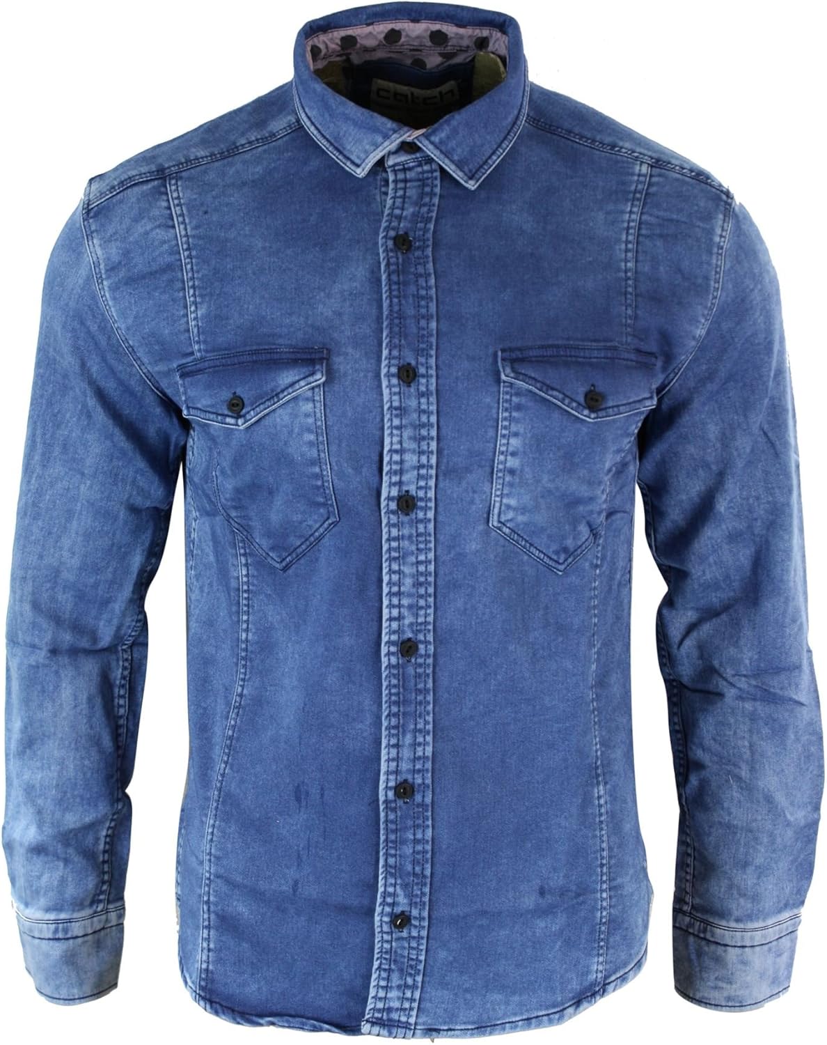 Catch22 Mens Slim Fit Washed Blue Denim Smart Casual Jeans Shirt Retro Vintage Indigo: Amazon.co 