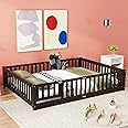 Queen Size Floor Bed with Door and Fence for Kids, Montessori Floor Bed with Slats and Safety Guardrails,Solid Wood Queen Bed Frame for Girls Boys(Queen,Espresso)