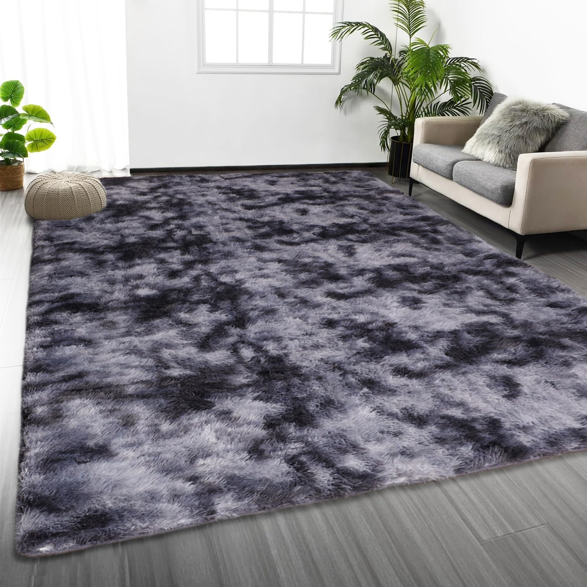 Oxford Homeware Rugs Living Room – Tie-Dye Dark Grey Area Rugs for Bedroom, Hallway Runner 80x150 cm Anti Slip – Modern Super Soft Modern Carpets Fluffy Shaggy Rug for Lounge Bedside Rug