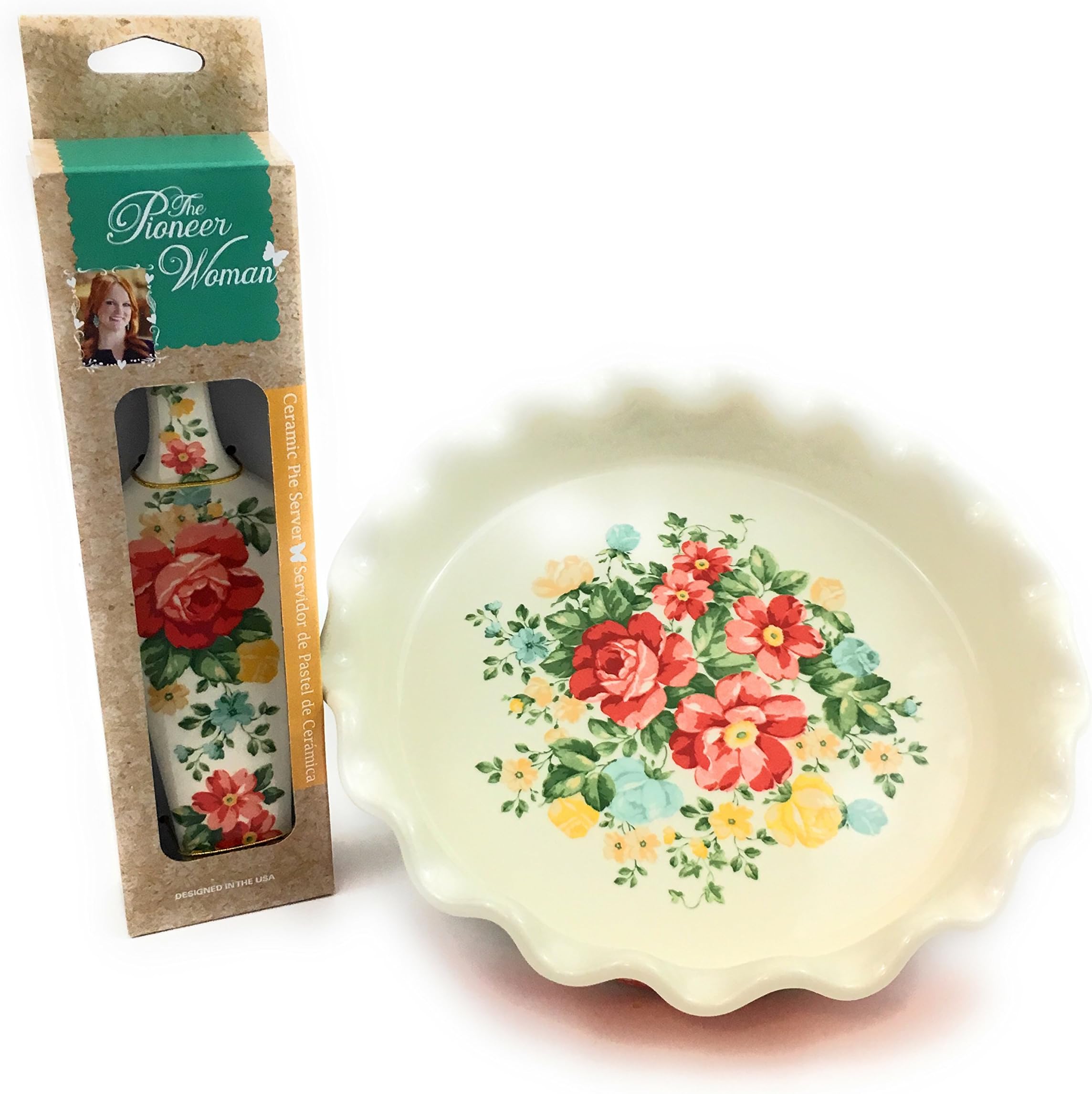 9" Ruffle Top Stoneware Pie Pan With Ceramic Pie Server Pioneer Woman, Bundle