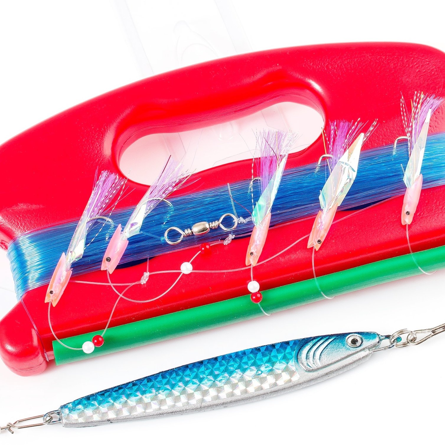 FLADEN Fishing - 200g Pirk with Treble and 5 Feather Handline Set - Offshore Boat Fishing for Cod and Mackerel (200g Pirk and 5 Feathers) [31-624C]