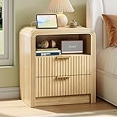 Decofy Fluted Nightstand with Charging Station, 19.7'' Wide Morden End Table with USB/Type-C Ports, 2 Drawers & Open Shelf, Curved Profile Design, Wood Bedside Table for Bedroom (Natural Oak)