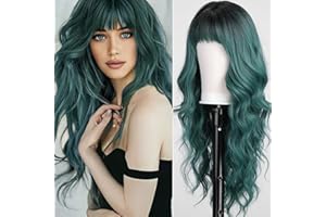 KOME Green Wigs with Bangs,Green Wig for Women Highlight Long Wavy Wig for Women,Long Curly Wigs Synthetic Hair Wig for Party Cosplay Daily Use 26IN…