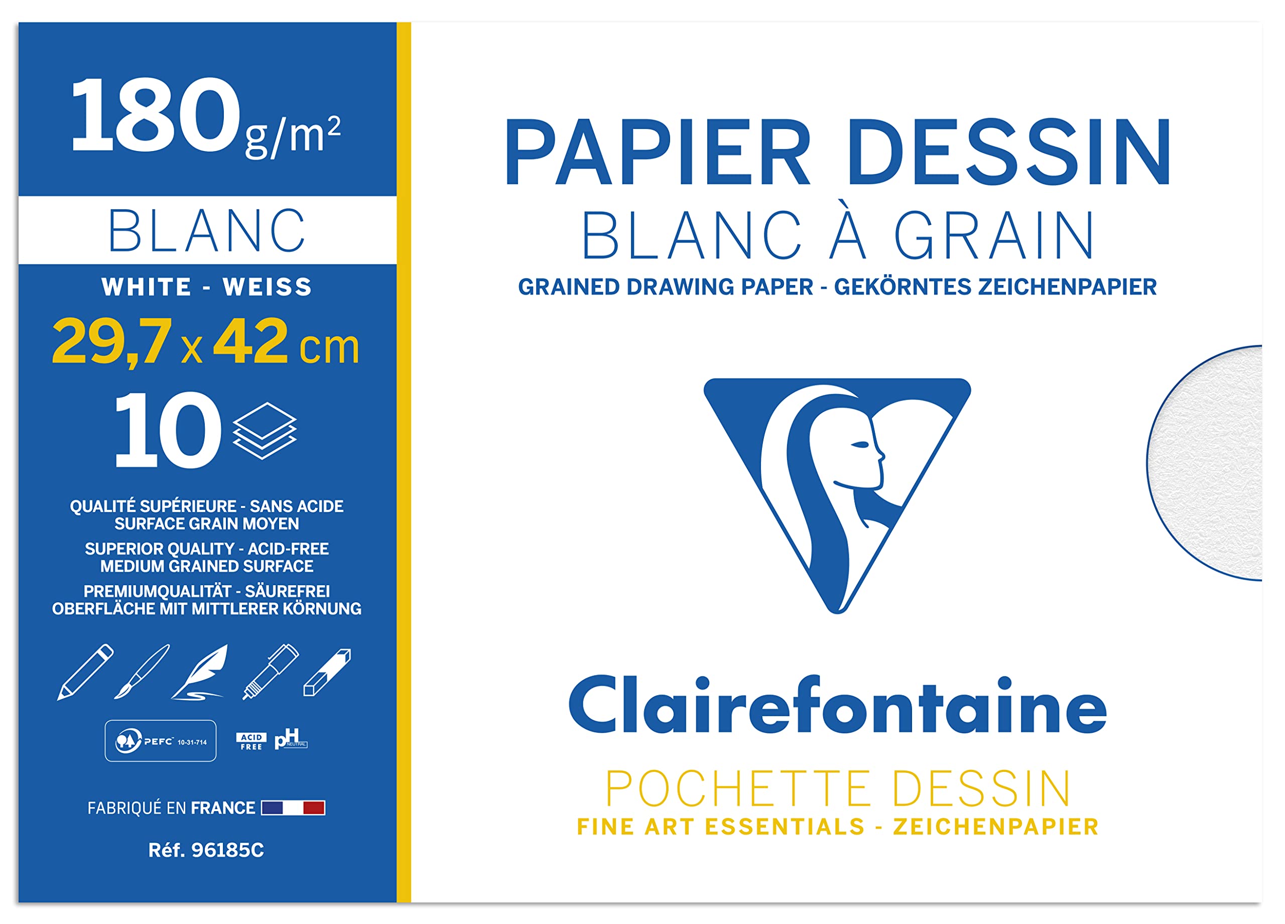 Clairefontaine - Ref 96185C - Grained Drawing Paper (Pack of 10 Sheets) - 29.7 x 42cm Size, 180gsm Paper, Acid Free - Light Grain Side & Heavy Grain Side - White — image 1